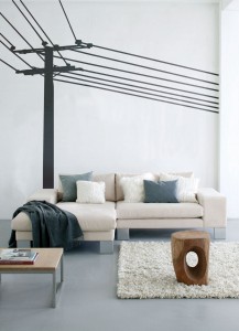 modern minimalist white living room interior with lovely white sofa rugs and telephone pole wall decal stickers